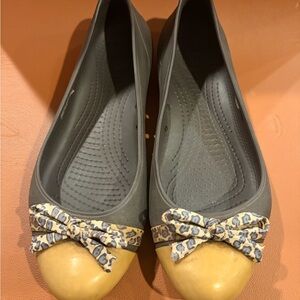 CROCS Gray and Tan Flats with Leopard Bow